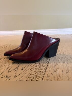 Zara Burgundy Leather Slip-On Block Heel Mules